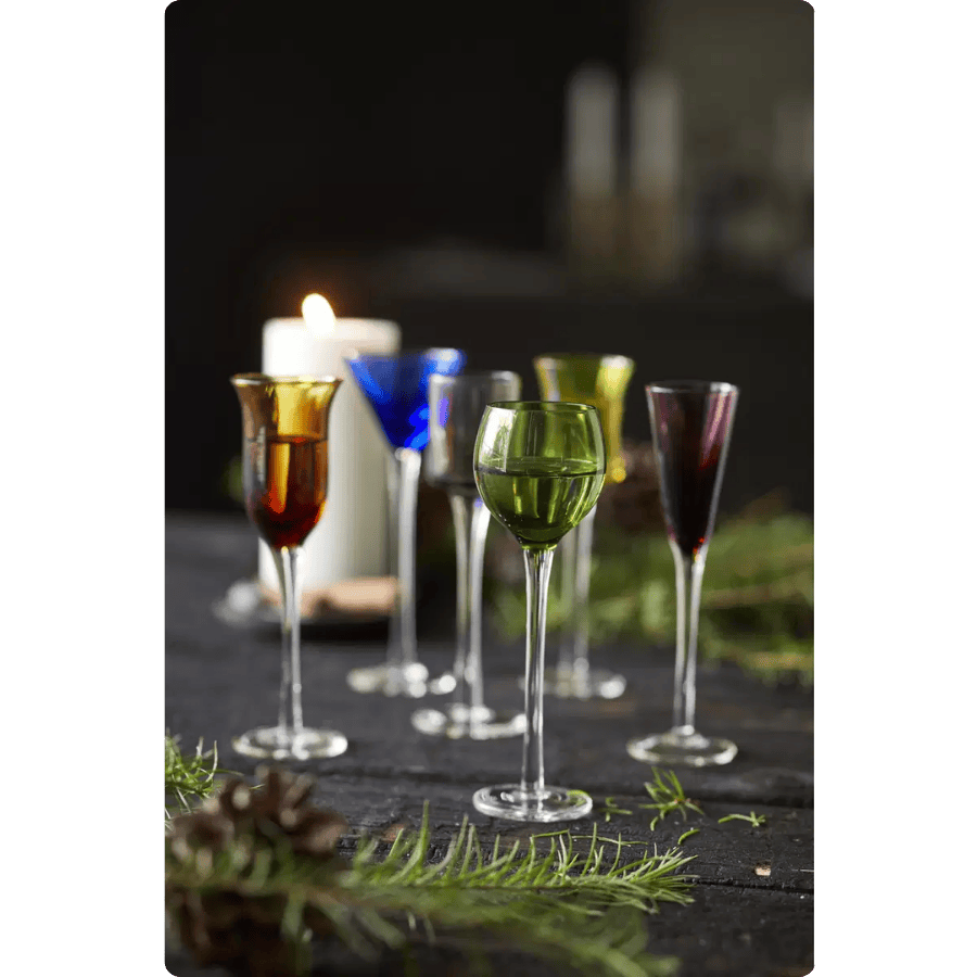 Lyngby Glas Snapseglas på fod 6 stk i assorterede farver og former